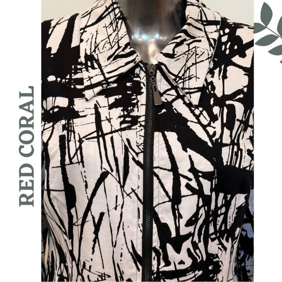 Red Coral Abstract Zip Front Jacket | Longline Lightweight Layer Size Medium - Picture 4 of 7